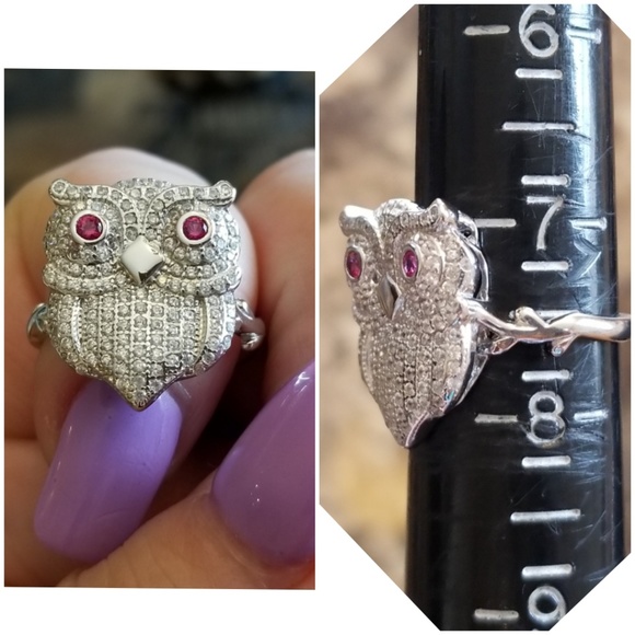 Genuine White Sapphire & Rubies Owl Ring - Picture 6 of 6